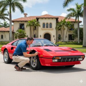 Professional appraiser inspecting a vintage Ferrari for an ACV appraisal. Actual cash value appraisal. Classic car appraisal. Certified appraisal.
