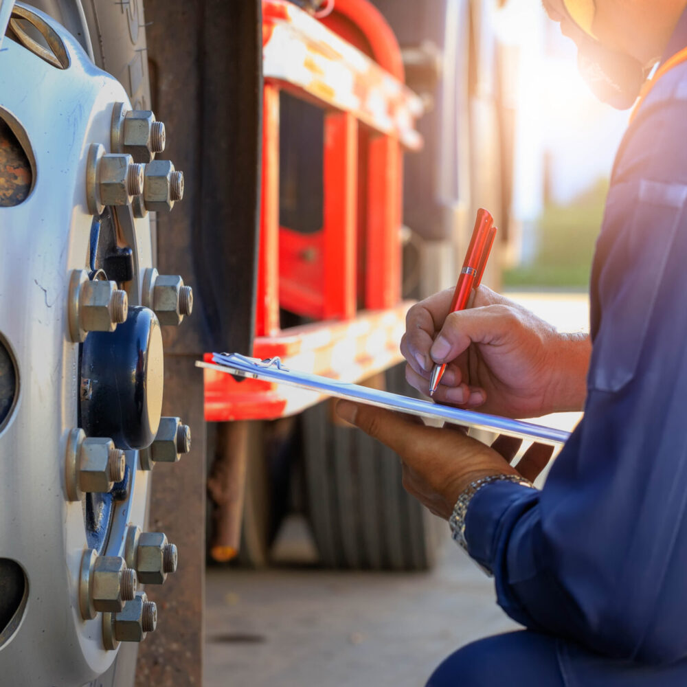 Preforming a pre-trip inspection on a truck,Concept preventive m Preforming a pre-trip inspection on a truck,Concept preventive maintenance truck checklist,Truck driver holding clipboard with checking of truck,spot focus.
